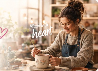 A maker painting a handmade mug at her worktable