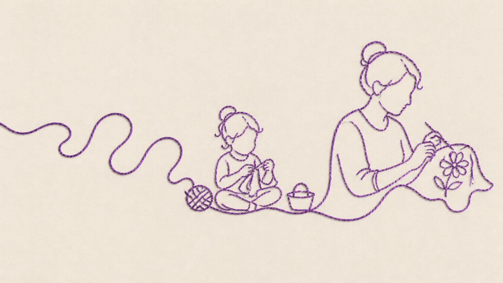 A continuous purple thread forming a child learning a craft and an adult maker continuing the skill.